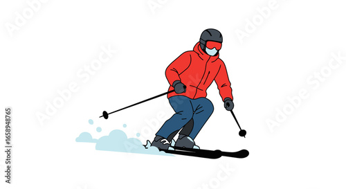 Winter sport activity: stylized illustration of a skier descending a slope in full gear and maintaining safety measures during a pandemic season