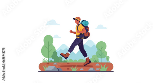 Flat vector illustration of a male hiker with backpack walking through mountainous terrain