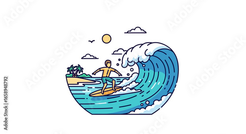 Line art illustration depicting surfer riding a wave near a tropical island getaway