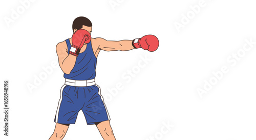 Dynamic Boxing Action: Boxer in Blue Uniform Delivering a Powerful Punch on White Canvas Space for Text Adds 150 characters