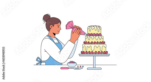 Creative confectioner meticulously crafting a three-tiered cake with delicate icing flourishes and tiny strawberry embellishments displaying