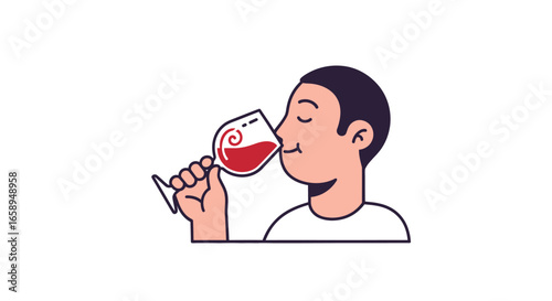 Elegant enjoyment: stylized illustration of a man savoring a glass of red wine with a serene expression and simplified design emphasizing relaxation