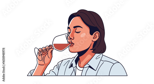 Elegant woman savoring a glass of rich red wine in a minimalist art style, capturing a moment of refined relaxation and personal indulgence