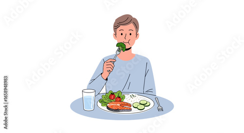 Illustration depicting a person enjoying a nutritious meal with fresh ingredients and healthy choices on a clean white background