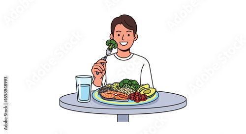 Person enjoying a healthy meal with salmon, broccoli, avocado, quinoa, and tomatoes for diet wellness and mindful consumption