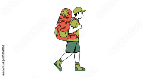 Animated Hiker with Backpack Exploring Nature Adventure, Embracing the Outdoors, Seeking Solitude and Discovery in Scenic Landscapes