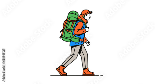 Line art illustration depicting a man hiking with a large backpack, showcasing outdoor activities and adventure travel design, minimalistic hiking