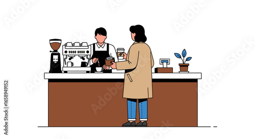 Minimalist illustration of a barista handing a coffee to a customer at a coffee shop showcasing a simple design style and focus on everyday moments