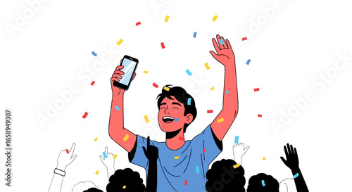 Euphoric celebration of achievement, a young man raising phone surrounded by joyous confetti shower with crowd hands below rejoicing successful
