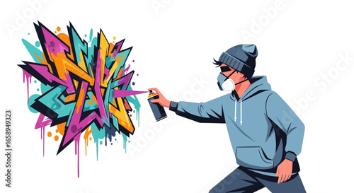 Urban Expressions: A Street Artist's Burst of Color Through Energetic Graffiti Art Creation Using Spray Paint, Embodying Modern Creativity and Bold