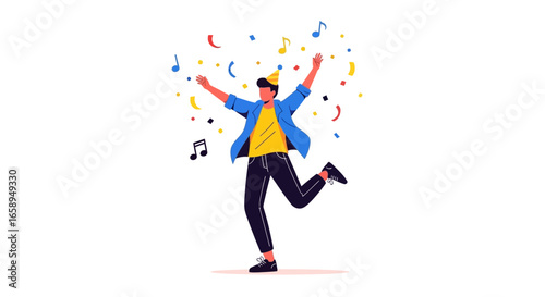 Joyful Celebration: Man dancing in confetti shower, expressing exuberance and merriment amidst musical notes, indicating a festive occasion of