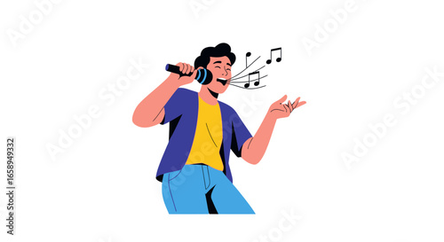 Passionate vocalist delivering a heartfelt performance with microphone and musical notes, embodying rhythm and dynamic expression
