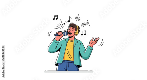 Joyful singer with headphones holding microphone with music notes illustration in energetic performance vibe expressing emotion through sound