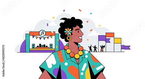 Radiant music festival attendee beaming with happiness amidst a lively summer celebration showcasing the freedom and joy of a festive concert