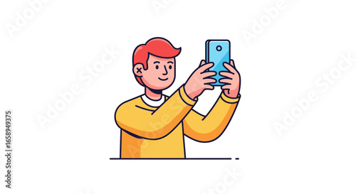 Cartoon styled man with red hair holding a blue smartphone taking photos on white background showcasing mobile photography and technology