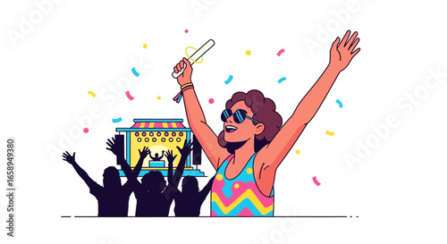 Euphoric Audience Member Enjoying Live Music Concert with Confetti and Band on Stage Feeling the Energy as Festival Celebration