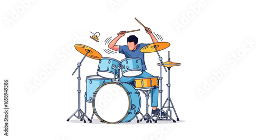 Dynamic drum performance illustration showcasing musical enthusiasm and energy in a modern digital style with clear line art and vibrant colors