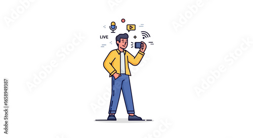 A young man streaming live and engaging with his followers, using a mobile phone to record and broadcast to his online community