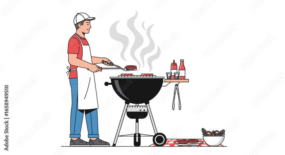 Fototapeta premium Grilling Time: Cartoon Style Illustration of a Man Cooking Hamburgers on a BBQ for a Summer Meal Preparation