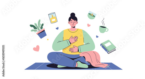 Woman practicing mindful meditation surrounded by comforting elements for relaxation and wellbeing