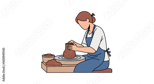 Craftswoman sculpting clay vessel on pottery wheel, engaging in the art of shaping with precision and dexterity in her atelier studio, demonstrating