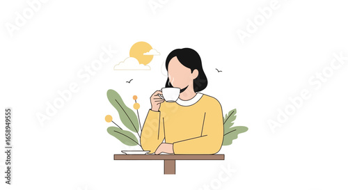 Serene morning scene depicting a woman enjoying a cup of coffee in a minimalist outdoor setting with soothing pastel colors and nature elements