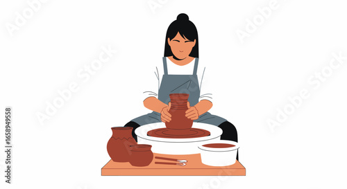Illustrative depiction showcases a woman passionately crafting earthenware, evoking a sense of artisanal skill and handmade artistry, pottery creation