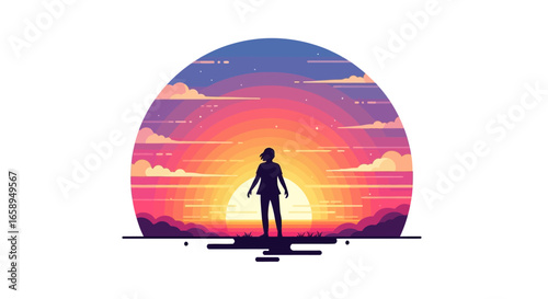 Silhouette against horizon, reflecting personal growth amidst sunlit panorama of vibrant shades and peaceful clouds in vector art landscape