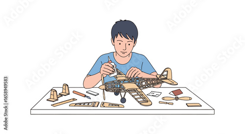 Young hobbyist meticulously assembling a vintage model airplane with focused concentration and passion for aviation heritage crafting a perfect