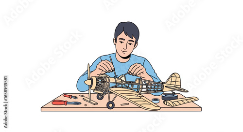 Young enthusiast assembling a vintage airplane model with meticulous attention to detail with tools on workbench displaying craftsmanship and hobby