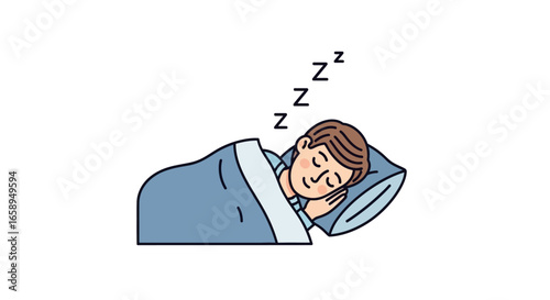 Illustration of sleeping man with sleep bubble, cartoon style representing relaxation and healthy lifestyle ideal for healthcare or wellness topics