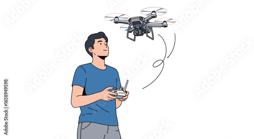 Focused man operating a modern drone with remote control for hobby or aerial videography  activities on an isolated white background