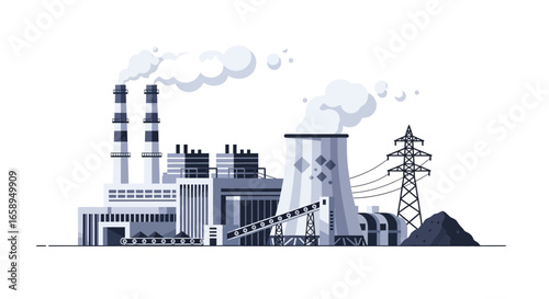 Stylized depiction of a coal-fired power plant with smoke emission, evoking industrial energy creation and infrastructure power generation