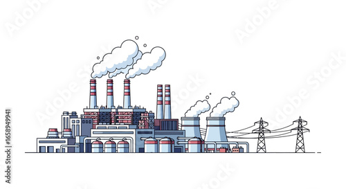 Industrial Cartoon Illustration of a Manufacturing Plant with Chimneys and Overhead Power Lines