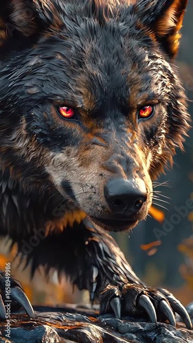 Fierce black wolf with glowing orange eyes snarling in a dark mystical forest fantasy scene