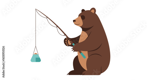 Illustrated Bear Fishing: A Cartoon of a Brown Bear Holding a Fishing Rod Awaiting its First Catch