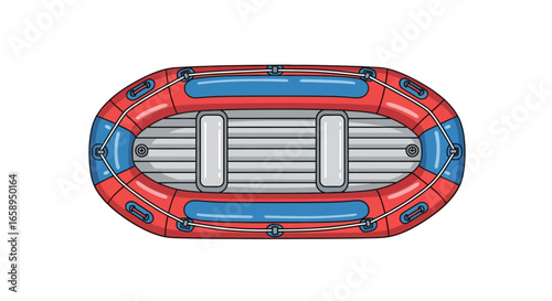 Aerial view of inflatable river raft illustration with bright red and blue accents showcasing the recreational rafting equipment design for