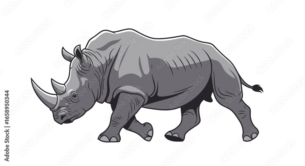 Fototapeta premium Stylized rhinoceros illustration featuring distinct line work on a clean white background, ideal for wildlife or conservation related design themes