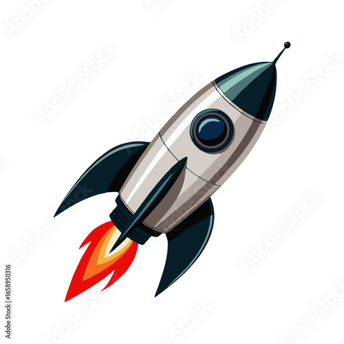 Energetic retro-inspired rocket ship illustration showing dramatic space launch in striking bold graphic artwork style