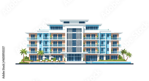 Stylish beachfront hotel illustration with minimalist vector design, perfect for travel and tourism marketing, conveying luxury, and relaxation near
