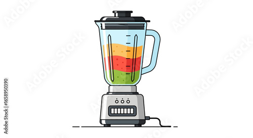 Vibrant layers of colorful ingredients ready to be blended into a delicious and nutritious smoothie with electric blender showing measure marks