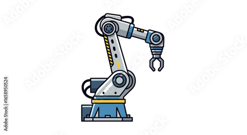 Cartoon robotic arm illustration showcasing industrial automation, technology, and robotics design for manufacturing, precision, and advanced