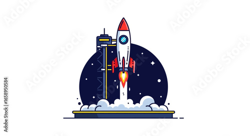 Whimsical rocket launch illustration against starry backdrop symbolizing cosmic ambition and innovative space exploration with vibrant colors and