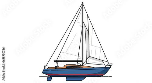 Illustration of a blue sailing yacht with white sails gliding effortlessly, capturing the essence of maritime adventure and freedom on the water