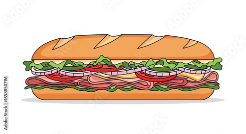Detailed illustration of a long sandwich filled with fresh ingredients on a white background, perfect for culinary and design projects