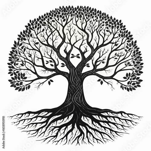 Illustration of a detailed black and white tree with leaves and visible roots on a white background