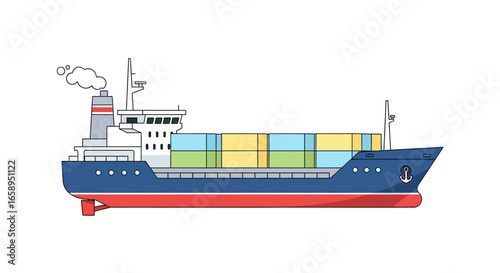 Illustration of container vessel transporting diverse cargo across the ocean, showcasing international trade and modern logistic operations for