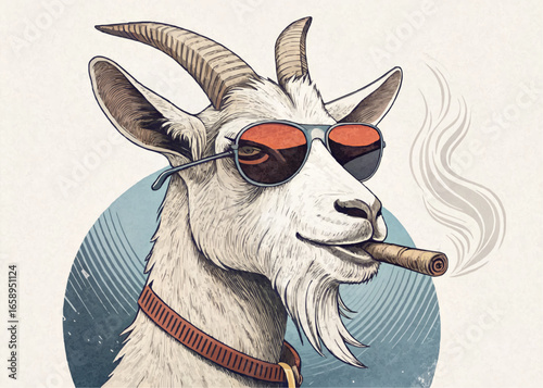 Illustration of a goat wearing sunglasses and a collar while smoking a cigar with smoke effect