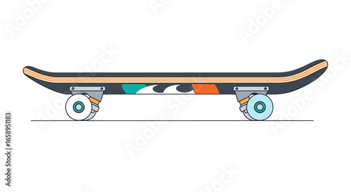 Stylish skateboard with colorful design, showcasing urban culture and skate park lifestyle, perfect for youthful activities and recreational sports