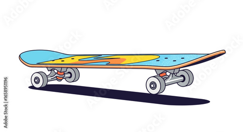 Cartoon style skateboard illustration on white background featuring a colorful deck, capturing youth culture with urban vibe using artistic cartoon